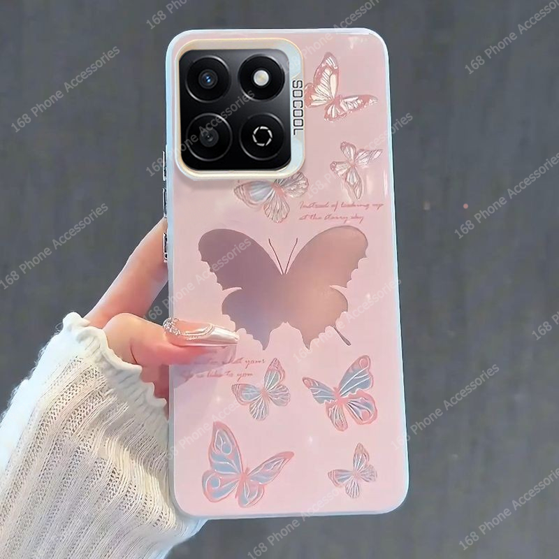 เคส Honor X7C X8C X8B เคส Honor 200 Smart เคสน่ารักสีชมพูผีเสื้อกันกระแทกเคสโทรศัพท์หรูหราชุบปุ่มเคล