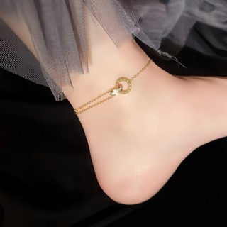 แหวนคู่โรมันเพชรเต็มวงกลมสร้อยข้อเท้าชุบ 18เค ทองไทเทเนียมเห…