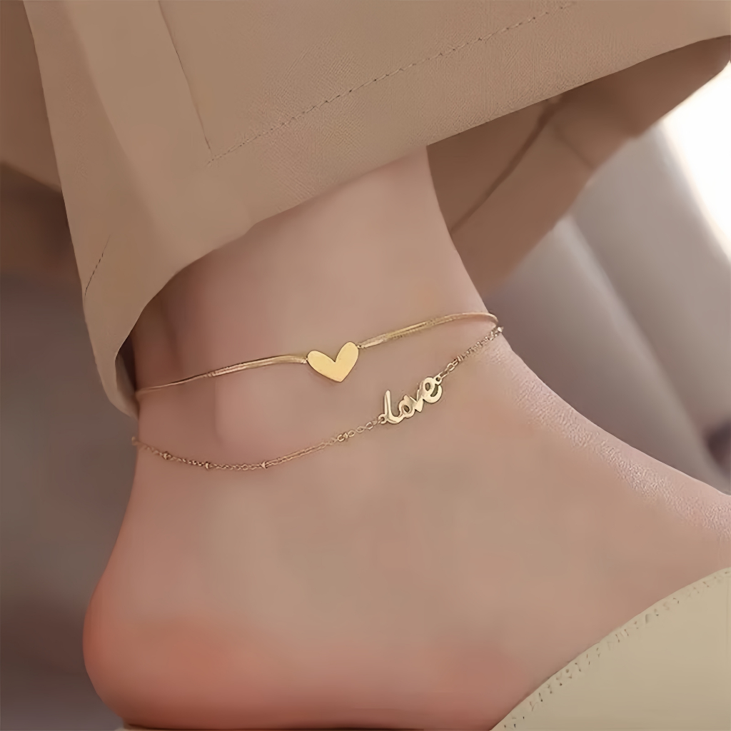 Love LOVE Double-Layer กําไลข้อเท้าชุบ 18k Gold ไทเทเนียมเหล็ก Non-Fade แฟชั่นที่ไม่ซ้ํากัน ins All-Match สไตล์เท้าเครื่องประดับ