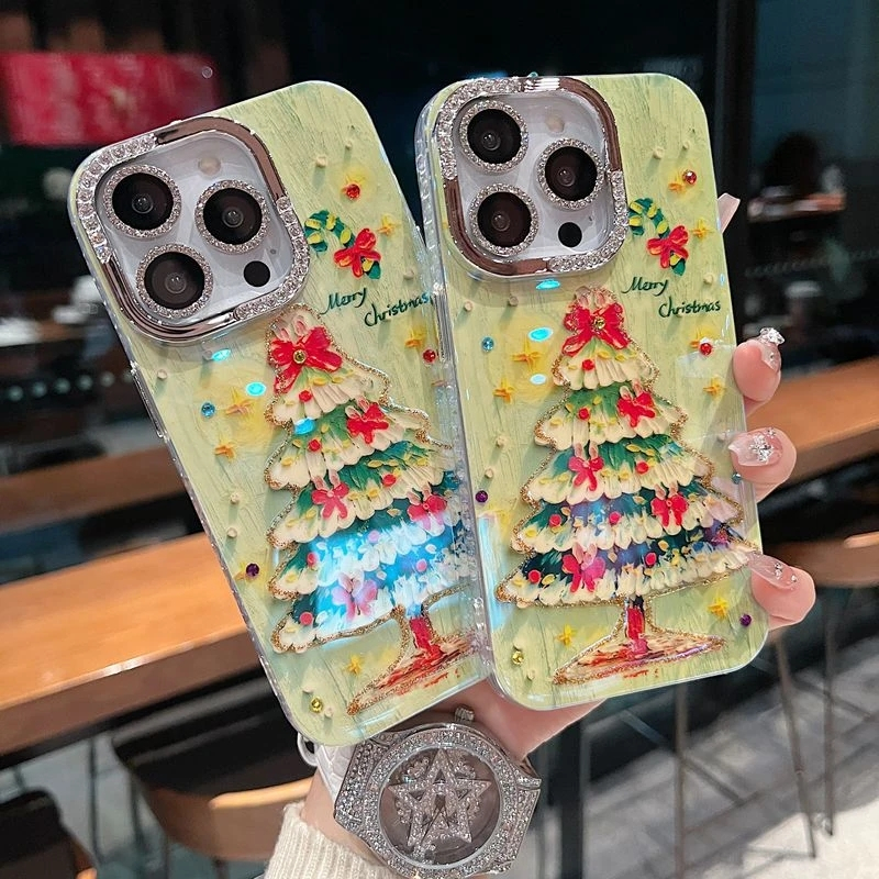 เคสซีรีส์เคส iPhone เหมาะสําหรับเคส iPhone 16promax 14plus 14promax 15promax 16 15 14 13 12 11 ปลอกต้นคริสต์มาส เคสสีชมพูสีเขียว TPU พร้อมเคสฟิล์มเลนส์