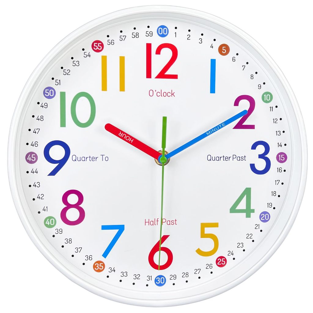 นาฬิกาแขวน 10 นิ้ว การสอนเด็ก อะนาล็อกเงียบ ตกแต่งห้องเด็ก สีสันสดใส ช่วยให้เด็กอ่านเวลาได้ง่ายขึ้น