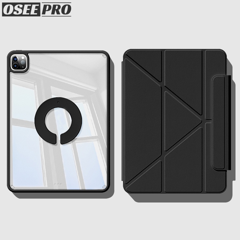 Osee Pro เคส ipad 3+Y ฝาพับพับ 720° หมุนแม่เหล็กที่ถอดออกได้โปร่งใสสูงอะคริลิคฮาร์ดเชลล์สําหรับ iPad