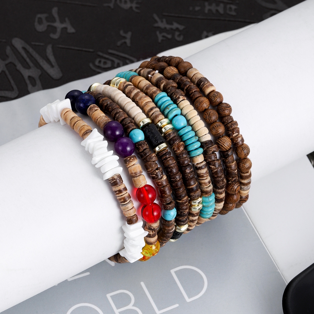 Retro Boho สร้อยข้อมือผู้ชายหินธรรมชาติมะพร้าวสร้อยข้อมือลูกปัดยืดหยุ่นทอมือไม้สร้อยข้อลูกปัด Hommes เครื่องประดับ