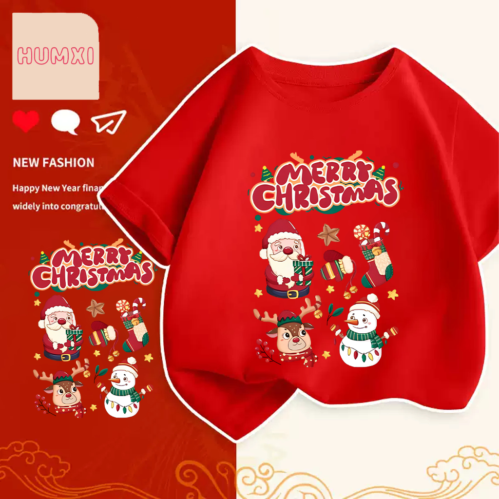 เสื้อคริสมาสต์ Happy New Year & Merry Christmas ลายน่ารักๆ ผ้า Cotton ใส่สบาย สีสันสดใส ขนาด S-5XL 100-150cm