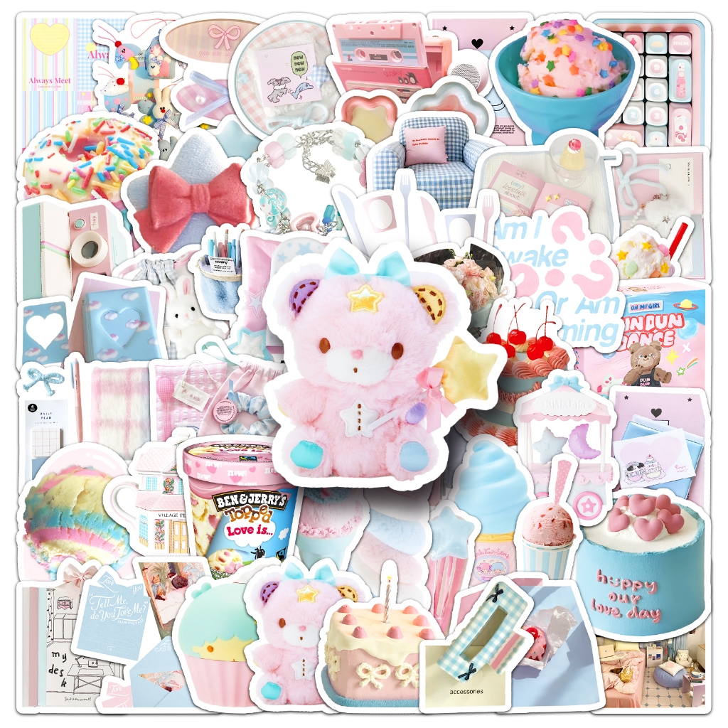 52 ชิ้น Ins สไตล์น่ารักสีฟ้าสีชมพูสติกเกอร์กันน้ํา DIY สําหรับเคสโทรศัพท์แล็ปท็อปรถสติกเกอร์ Creative Home Decal