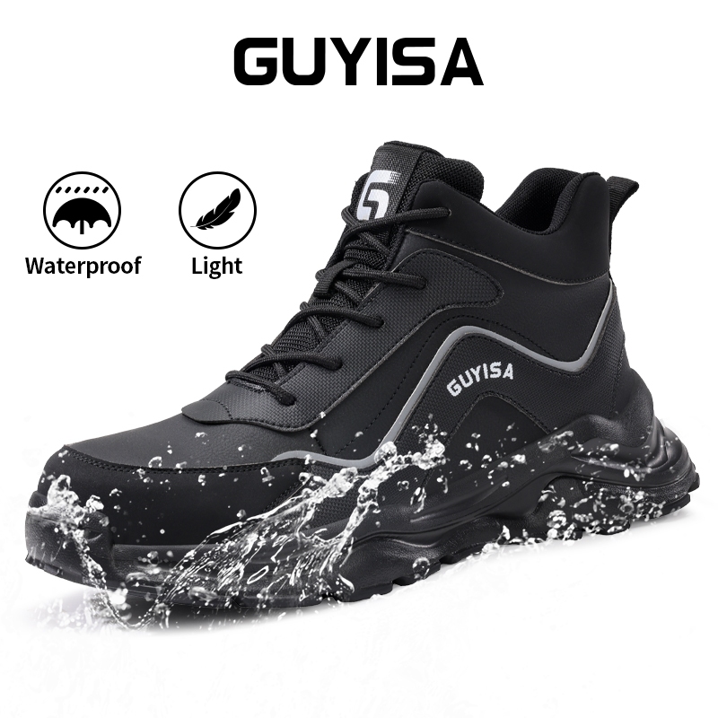 Guyisa รองเท้านิรภัยรองเท้าหัวเหล็ก super light high-cut ทนต่อการสึกหรอสีดํานุ่ม 38-45 F077