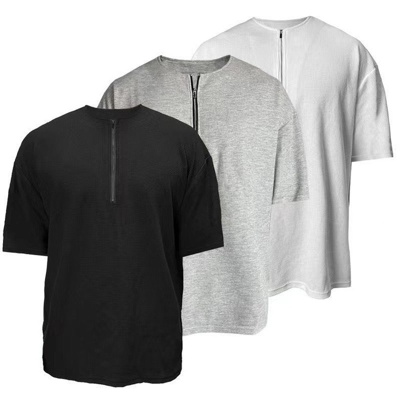 ProMan-วาฟเฟิลดี้ซิปผู้ชายแขนสั้น  เสื้อยืดลำลองสีล้วน  คอกลมแบบหลวม เรียบง่าย  แมทช์ลุคง่าย ความรู้สึกระดับสูง
