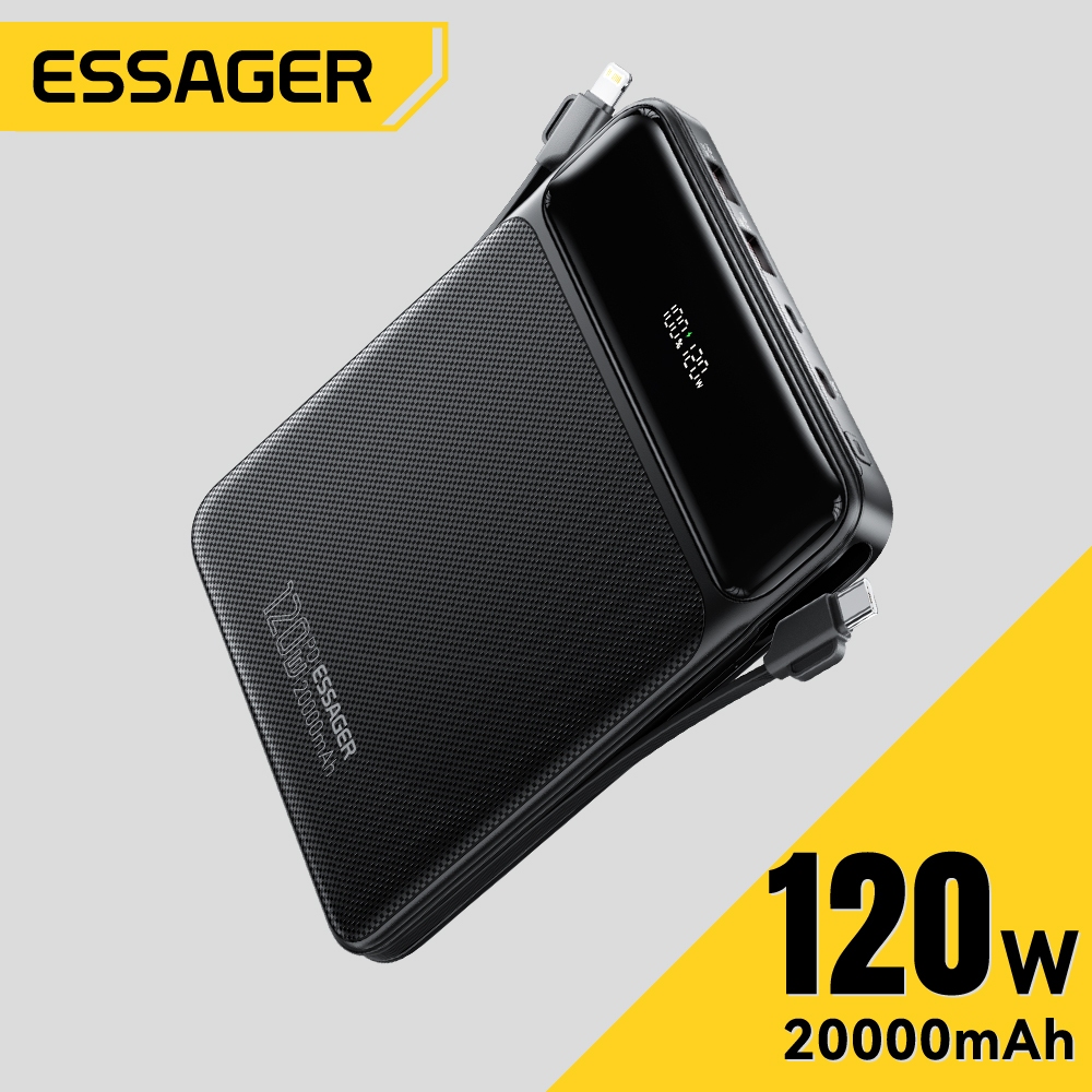 Essager 120W จอแสดงผลดิจิตอลชาร์จเร็วโทรศัพท์มือถือ 20000mAh มาพร้อมกับ Dual-Wire Type-C + IP รองรับ PD3.0, QC3.0, AFC พร้อมโทรศัพท์มือถือ, Pad