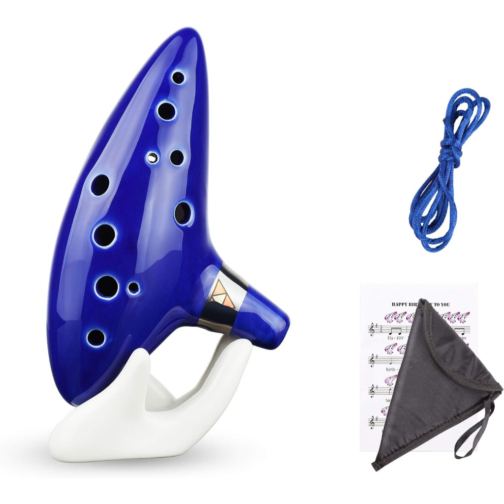 12 หลุมเซรามิค Alto C Ocarina Legend of Zelda Ocarina Blue ขลุ่ยแบบดั้งเดิมพร้อมขาตั้งและสายไฟ