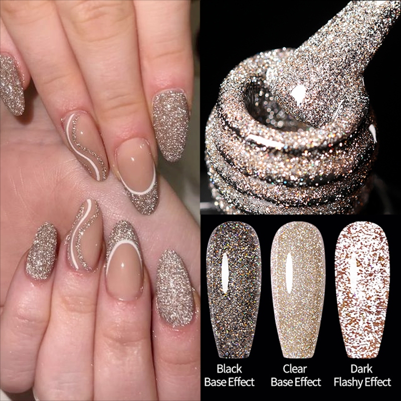 Ur SUGAR สะท้อนแสง Glitter เล็บเจลแชมเปญเงินสีชมพูกึ่งถาวรเคลือบเงา Soak Off UV LED เล็บเจล