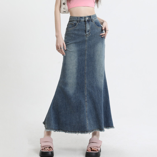Hermarou S-5XL กระโปรงยาวผู้หญิงกระโปรงทรงเอดีไซน์กระโปรงหางปลายีนส์