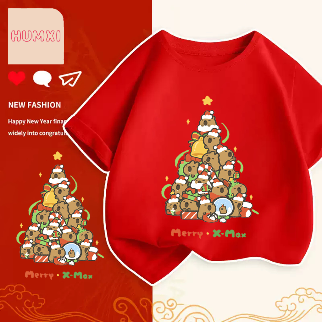 เสื้อคริสมาสต์ Happy New Year & Merry Christmas x Capybara ลายน่ารักๆ ผ้า Cotton ใส่สบาย สีสันสดใส ขนาด S-5XL 100-150cm