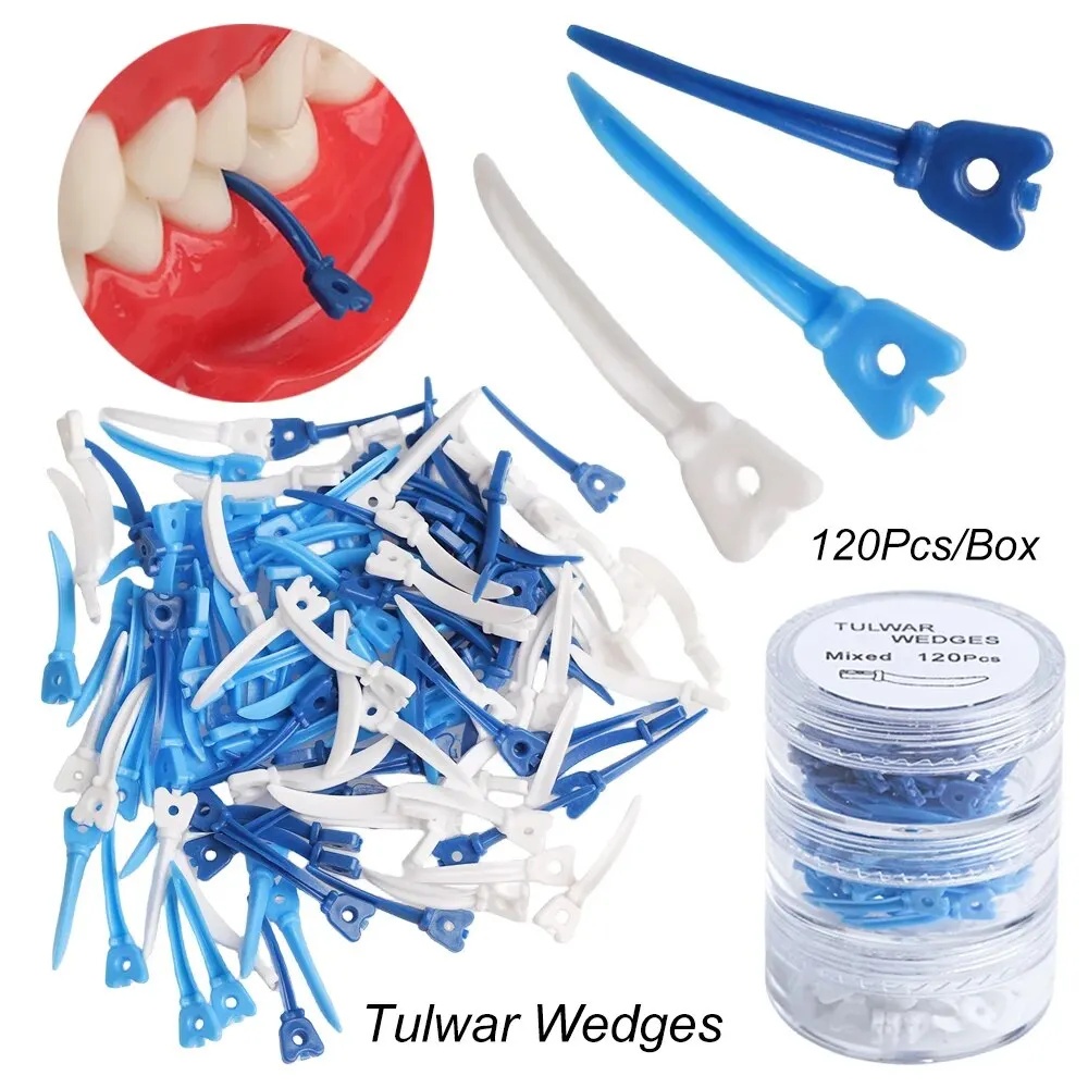 120pcs ทันตกรรม Tulwar Wedges เติม Wedge สําหรับระบบ Matrix ทิ้งพลาสติก Wedges พร้อมรูทันตกรรม Wedge