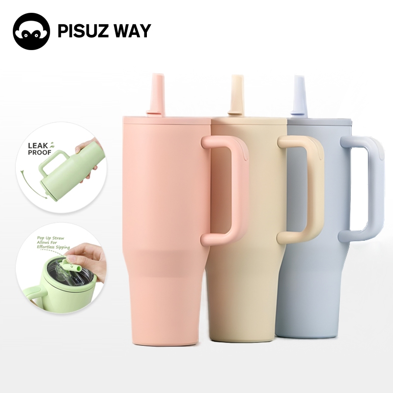 Pisuz Way แก้วน้ำสแตนเลสเก็บความเย็นขนาดใหญ่ 40 ออนซ์พร้อมที่จับ, ป้องกันการรั่วซึม, ความจุขนาดใหญ่พิเศษ, สีทึบ, แก้วน้ำความรู้สึกระดับพรีเมียม, Ins, หลอดซ่อน
