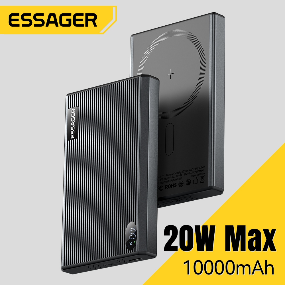 Essager 10000mAh 20W Type-C แม่เหล็กชาร์จเร็วจอแสดงผลดิจิตอล Power Bank รองรับ PD Fast Charging 15w เอาต์พุตชาร์จไร้สาย