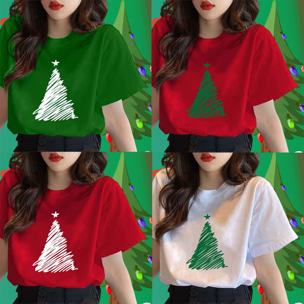 เสื้อยืดคริสต์มาสผ้าฝ้ายแท้พิมพ์ลายคอกลม Merry Christmas Christmas tree xmax