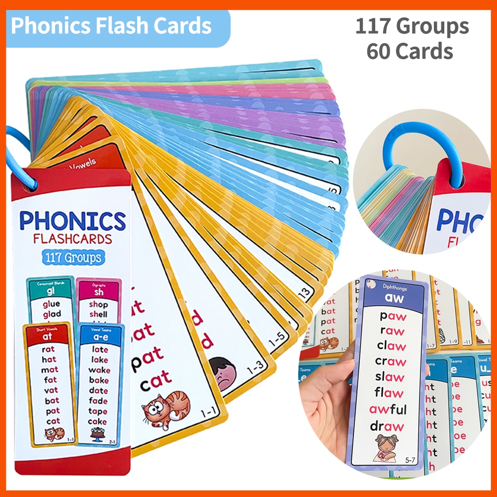 60 Cards English Phonics Learning Flash Cards 117 Groups Early Education Cards for Kids CVC Sight Word Cards Parent Child Interactive Toys