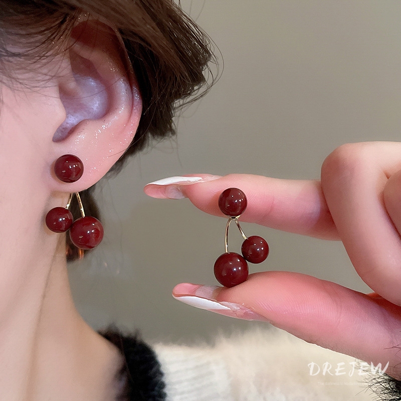 เดรช เข็มเงินเลียนแบบมุกสีแดงเชอร์รี่ต่างหูสตั๊ดสําหรับผู้หญิงสวมใส่สองย้อนยุคแสงหรูหราต่างหู