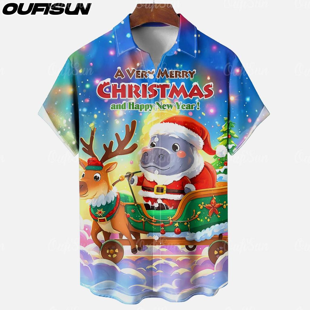 คริสต์มาส หมู เติ้ง พิมพ์การ์ตูน 2568 ใหม่เสื้อเชิ้ตปกผู้ชายหลวมระบายอากาศเสื้อเชิ้ตขนาดใหญ่