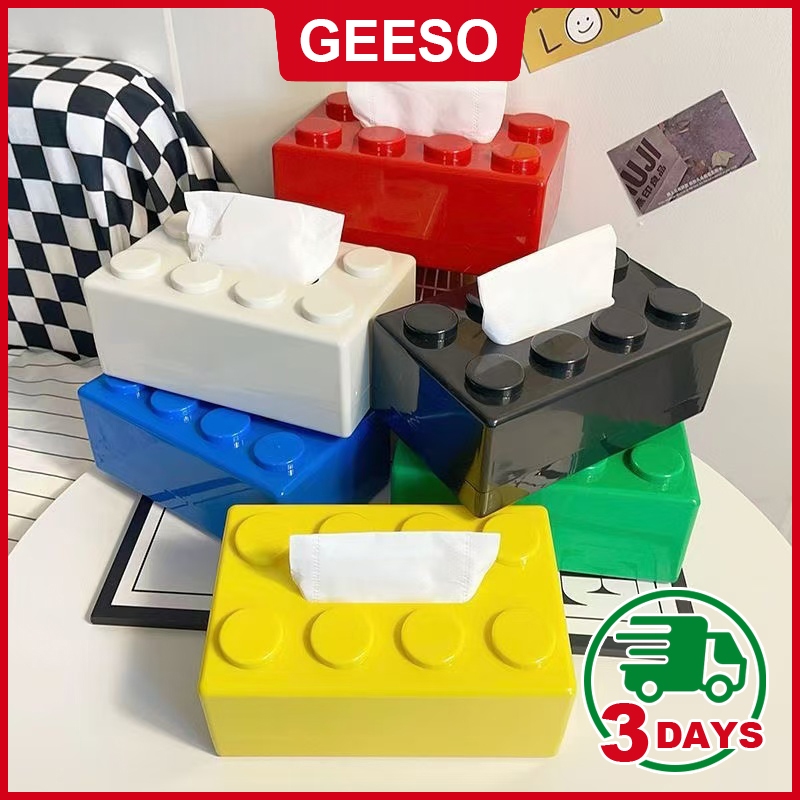 GEESO กล่องกระดาษทิชชู่รูปทรงบล็อคตัวต่อ ที่ใส่กระดาษแบบถอดได้สร้างสรรค์ ABS Creative Tissue Holder Building Blocks Built-in Spring Tissue Box Wall-Mounted Perforation-Free Paper Holder Paper Storage Box Paper Organizer