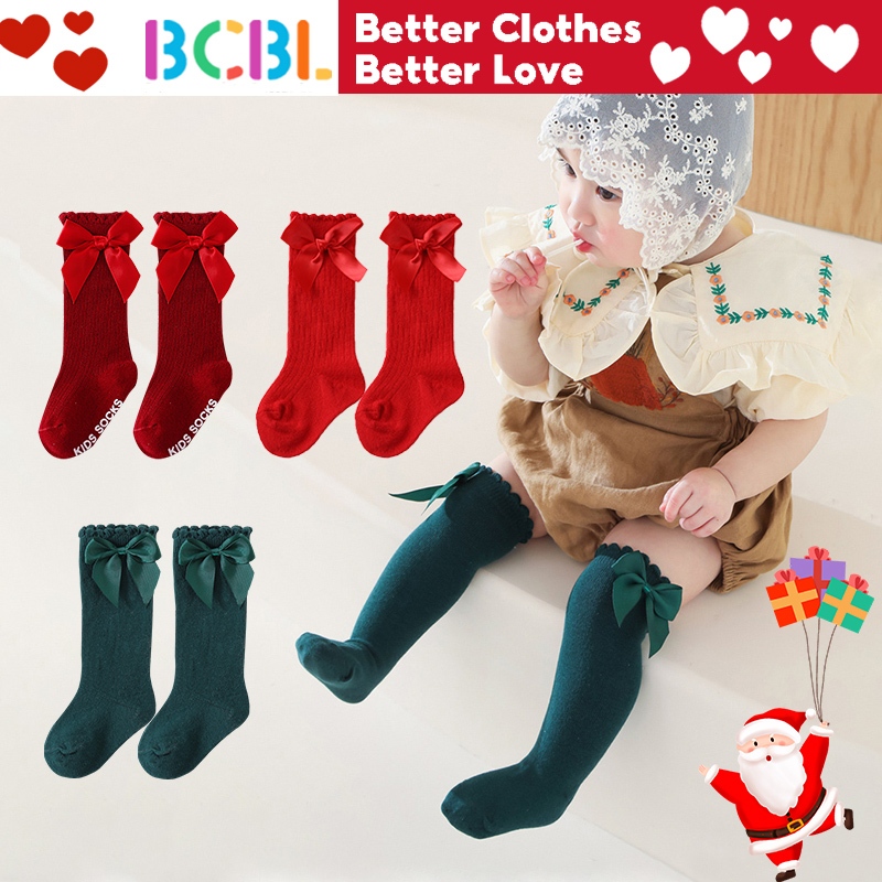 Bcbl ถุงเท้าคริสต์มาส สีพื้น ประดับโบว์ สีแดง สําหรับเด็กผู้หญิง