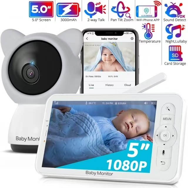 Hd WiFi Baby Monitor พร้อม APP,จอแสดงผล 720P ขนาด 5 นิ้ว,กล้องเด็ก Pan Tilt Zoom 1080P,การมองเห็นได้