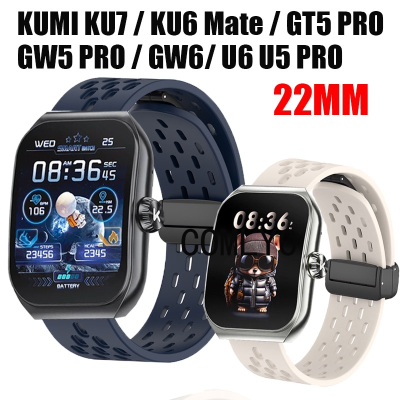 สําหรับ KUMI KU7 KU6 Meta GW5 GW6 GW2 PRO U6 U5 PRO สมาร์ทนาฬิกา 22 มม.ซิลิโคนพับปุ่มแม่เหล็กผู้หญิง