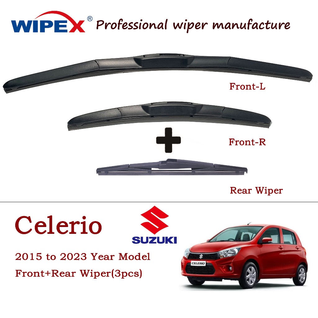 ชุดใบปัดน้ําฝน Suzuki Celerio (หน้า/หลัง) สําหรับ 2015 ถึง 2023 รุ่น CELE RIO ที่ปัดน้ําฝนกระจกรถยนต์ (แบบไฮบริด หน้า+หลังเดิม) จาก wipex wixr