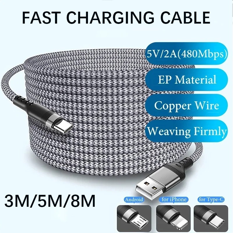 3 เมตร 5 เมตร 8 เมตร 5A USB Type C IOS สาย Micro USB โทรศัพท์มือถือยาวพิเศษ Fast Charging Data สายไฟสําหรับสมาร์ทโฟนแท็บเล็ตกล้อง Monitor