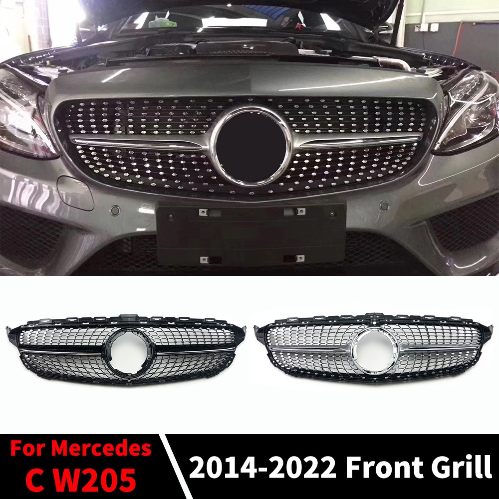 กีฬาด้านหน้า Hood Grille Racing กันชนย่างเพชรสไตล์ตาข่ายปรับแต่งสําหรับ Mercedes W205 Benz C C205 S2