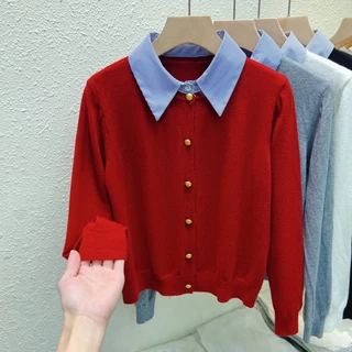 ฝรั่งเศสย้อนยุคฤดูใบไม้ร่วงใหม่เย็บปะติดปะต่อกันแขนยาวถักเสื้อกันหนาวเสื้อกันหนาวผู้หญิง 240922