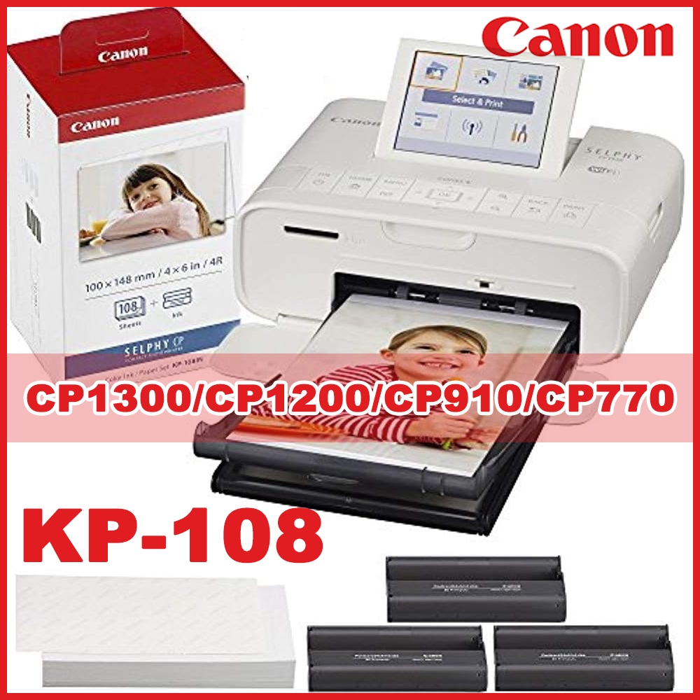 เปลี่ยนหมึกและกระดาษ Canon Selphy CP1300 CP1200 CP910 CP1000, กระดาษภาพถ่าย KP-108IN เข้ากันได้กับเครื่องพิมพ์ Canon Selphy CP, ตลับหมึก 3 ตลับและกระดาษเครื่องพิมพ์ 108 แผ่น