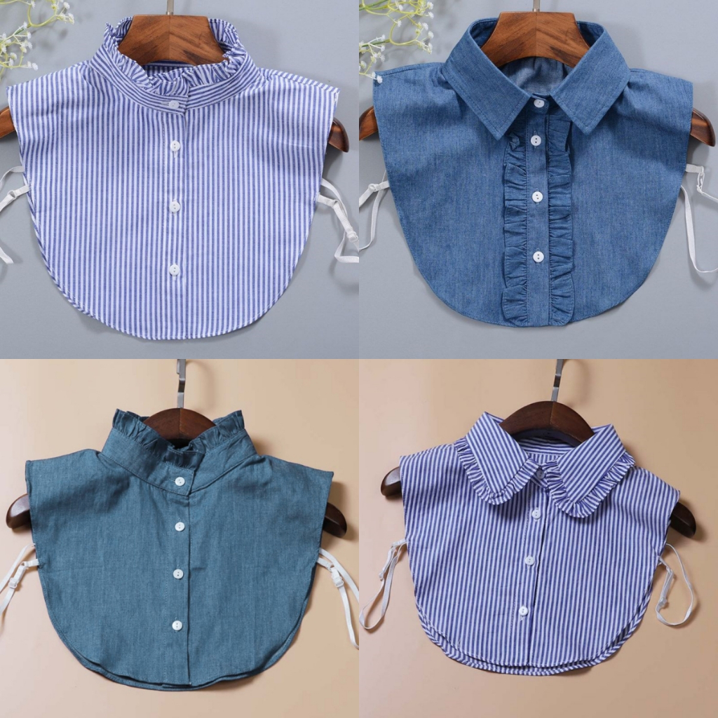 Alia Minimalist Stripes Denim ผู้หญิงที่ถอดออกได้ปกปลอมน่ารักสําหรับตุ๊กตา Ruffle