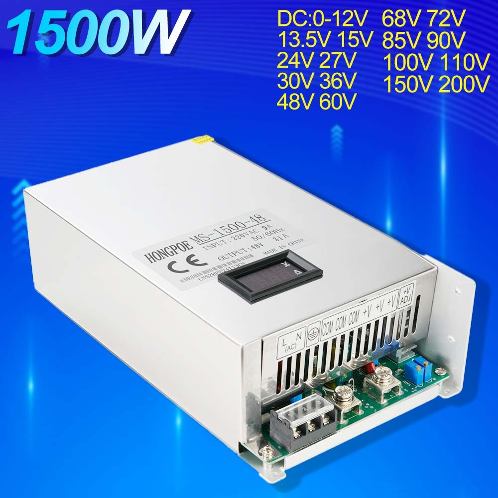 แหล่งจ่ายไฟสลับ MS-1500W 110V/220V AC ถึง DC 12V 13.5V 15V 24V 36V 48V 60V 72V 80V 110V 150V 220V แหล่งจ่ายไฟปรับแรงดันไฟฟ้า 110VAC/220VAC อินพุตมอนิเตอร์ ไฟ LED หม้อแปลง