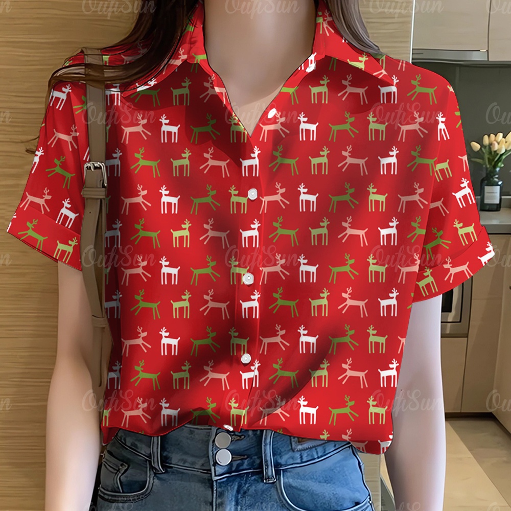 2568 เสื้อเชิ้ตพิมพ์ลายกวางเรนเดียร์คริสต์มาสของผู้หญิงย้อนยุคคอกลมบรรยากาศเทศกาลด้านบน2024คริสต์มาสสไตล์ใหม่