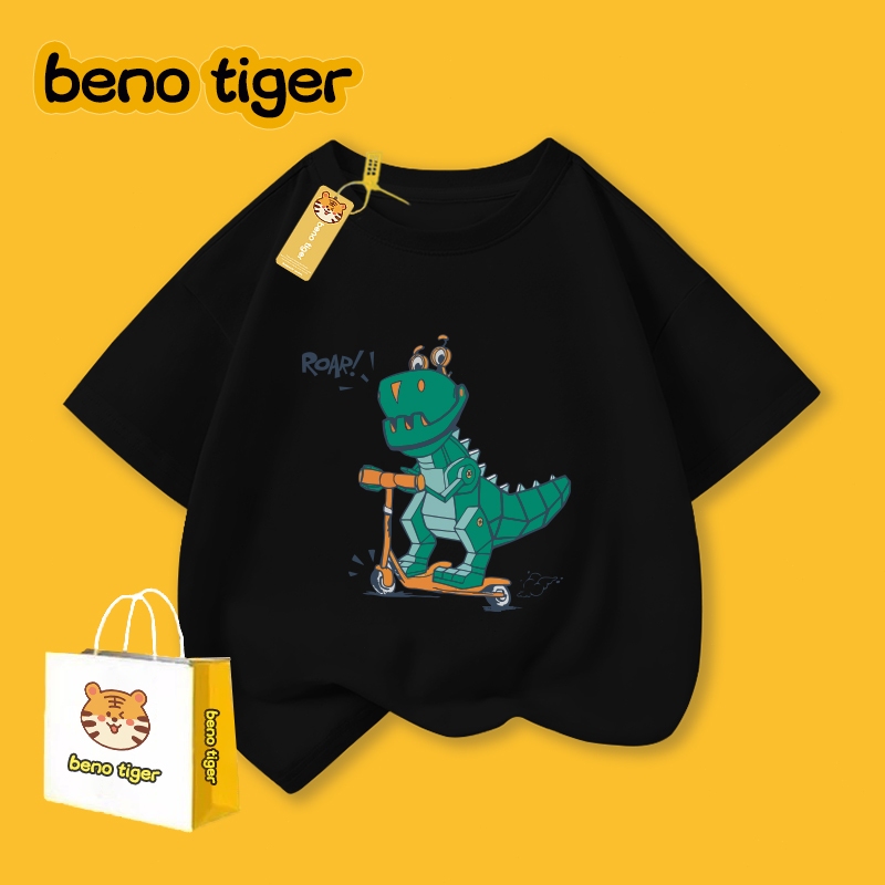 เสื้อยืดเด็กคอกลม ผ้าฝ้ายแท้ ลายการ์ตูนไดโนเสาร์พิมพ์ลาย แขนสั้น สไตล์เกาหลี