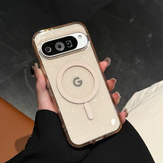 สําหรับ Google Pixel 9 10 11 Pro XL 10A 9A 8A 8 Pro กรณีแม่เหล็กไร้สายชาร์จ Bling Sequins Clear Hard Cover