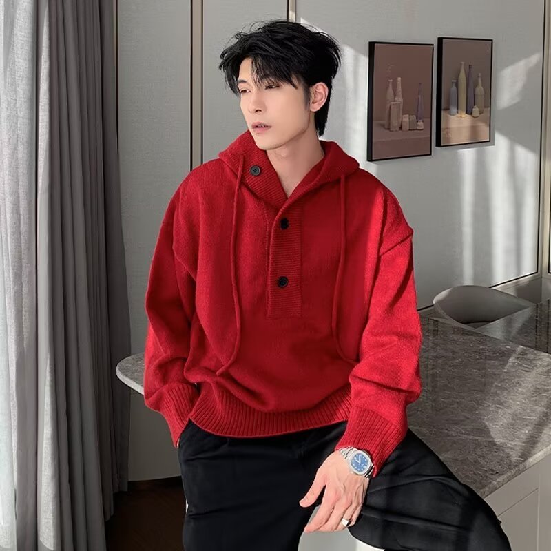 เสื้อกันหนาวมีฮู้ดสีแดงสไตล์อเมริกันย้อนยุค ทรงเกาหลี ผู้ชาย ไซซ์ M-3XL แจ็คเก็ตกันหนาวสําหรับฤดูใบไม้ร่วง-ฤดูหนาว