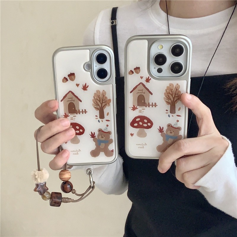 เคสโทรศัพท์ iPhone 16 Pro max 15 Pro max ขอบชุบด้วยไฟฟ้า ลายหมีเห็ด วัสดุกาว เคสโทรศัพท์