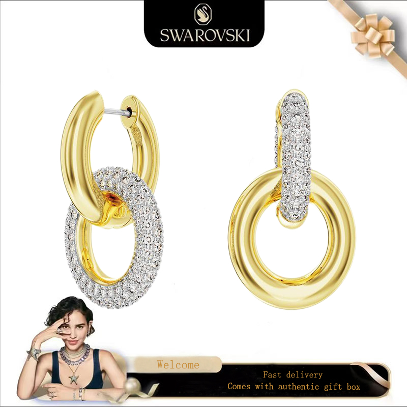 SWAROVSKI ต่างหูผู้หญิงแฟชั่นสวารอฟสกี้ แหวนประสานชุบทองและเพชรสีขาว ต่างหูห่วง เด็กซ์เทร่า ​ของขวัญวันเกิดของขวัญวันวาเลนไทน์