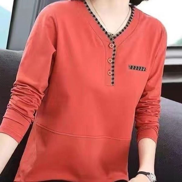 Oversize เสื้อสตรีแขนยาว Wanita Baju Tops เสื้อ V คอไนลอนหลวมปกติ Splicing เสื้อฤดูใบไม้ร่วงเสื้อผ้าขนาดใหญ่ Plus ขนาด #1844