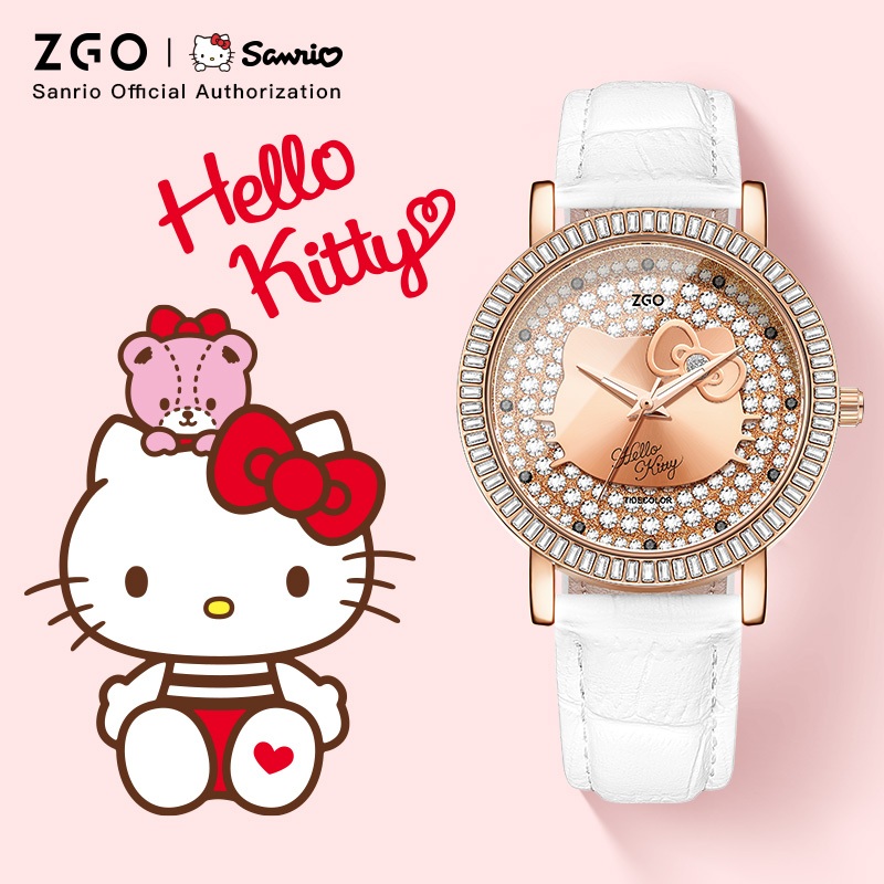 ZGO x Sanrio HelloKitty นาฬิกาสุภาพสตรีแฟลชเพชร Casual สายหนังหน้าปัดขนาดใหญ่กันน้ําแฟชั่นนาฬิกาควอตซ์ 2180
