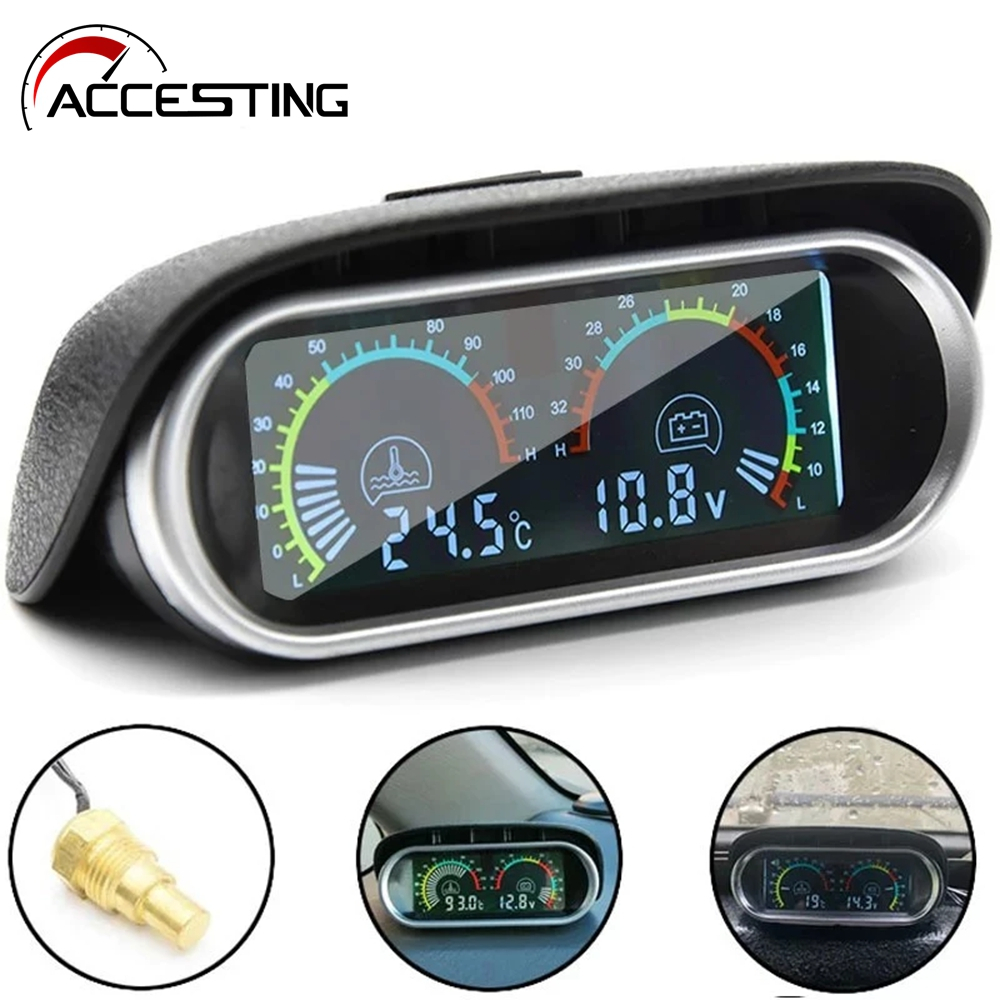 🚀จัดส่งจากประเทศไทย🚀2 in 1 อุณหภูมิและโวลต์มิเตอร์, รถ LCD แนวนอนโวลต์มิเตอร์อุณหภูมิน้ําแบบดิจิตอล, 12/24V