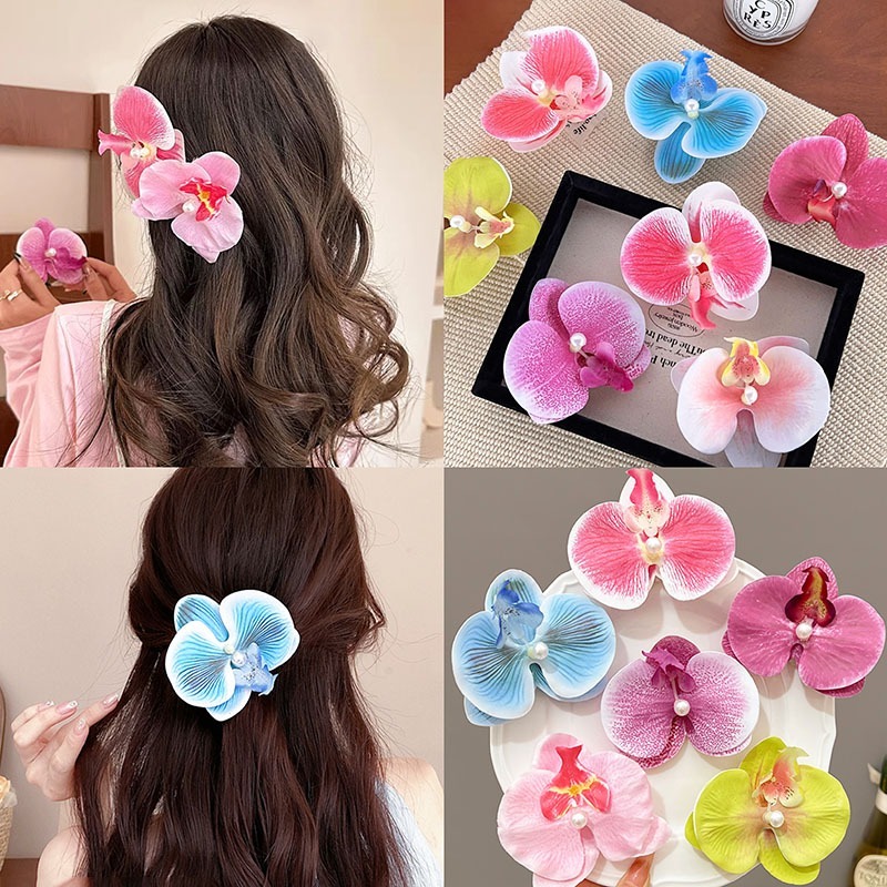 Candy กิ๊บติดผมลายดอกไม้กล้วยไม้สีสันสดใสประดับมุกสไตล์เกาหลีแฟชั่นหรูหราหางม้าเครื่องประดับผมสำหรับผู้หญิง