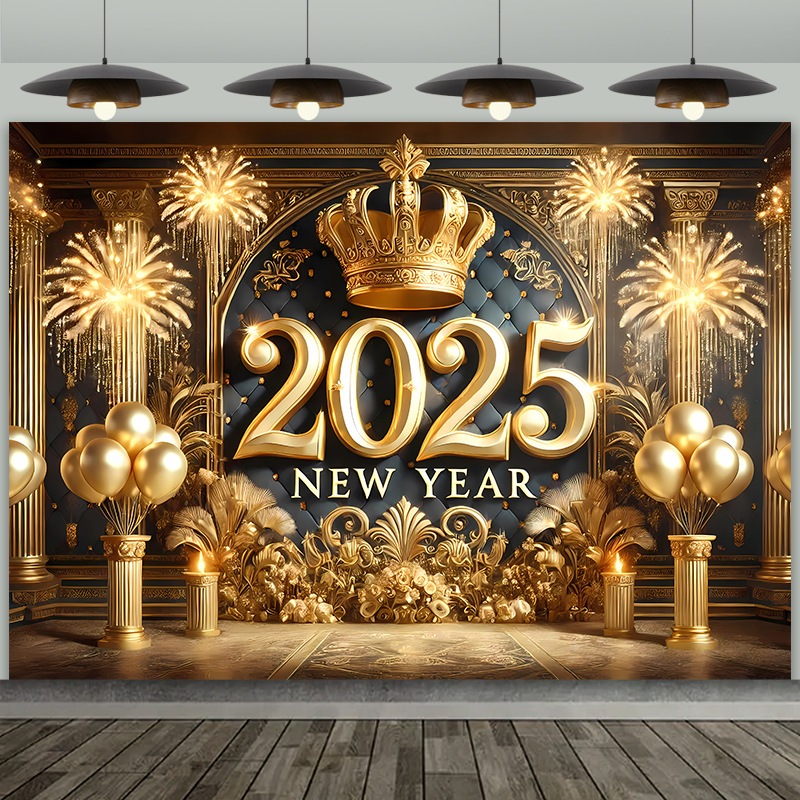 7x5ft มงกุฎทองสีดําสวัสดีปีใหม่ถ่ายภาพฉากหลังผ้า 2025 ฉากหลังสวัสดีปีใหม่ 2025 วันปีใหม่อุปกรณ์ตกแต่งงานปาร์ตี้พื้นหลังแบนเนอร์