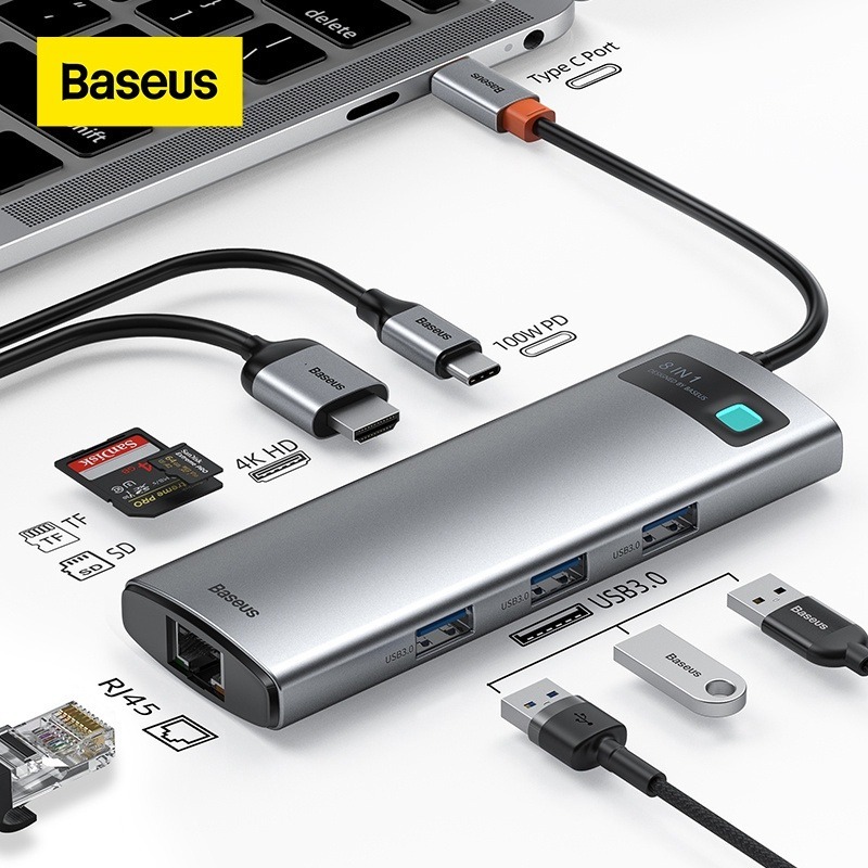 Baseus 8 in 1 USB C HUB ประเภท C ถึง HDMI-ใช้งานร่วมกับ 3.0 อะแดปเตอร์ 1000Mbps Ethernet LAN Dock สําหรับแล็ปท็อป Surface Pro 7 PD 100W