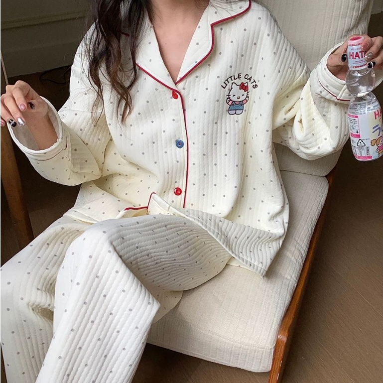 Du Yan ชุดนอนสตรีแขนยาวชุดหนาอบอุ่นการ์ตูน Hello Kitty แขนยาวสวมใส่ชุดสองชิ้น