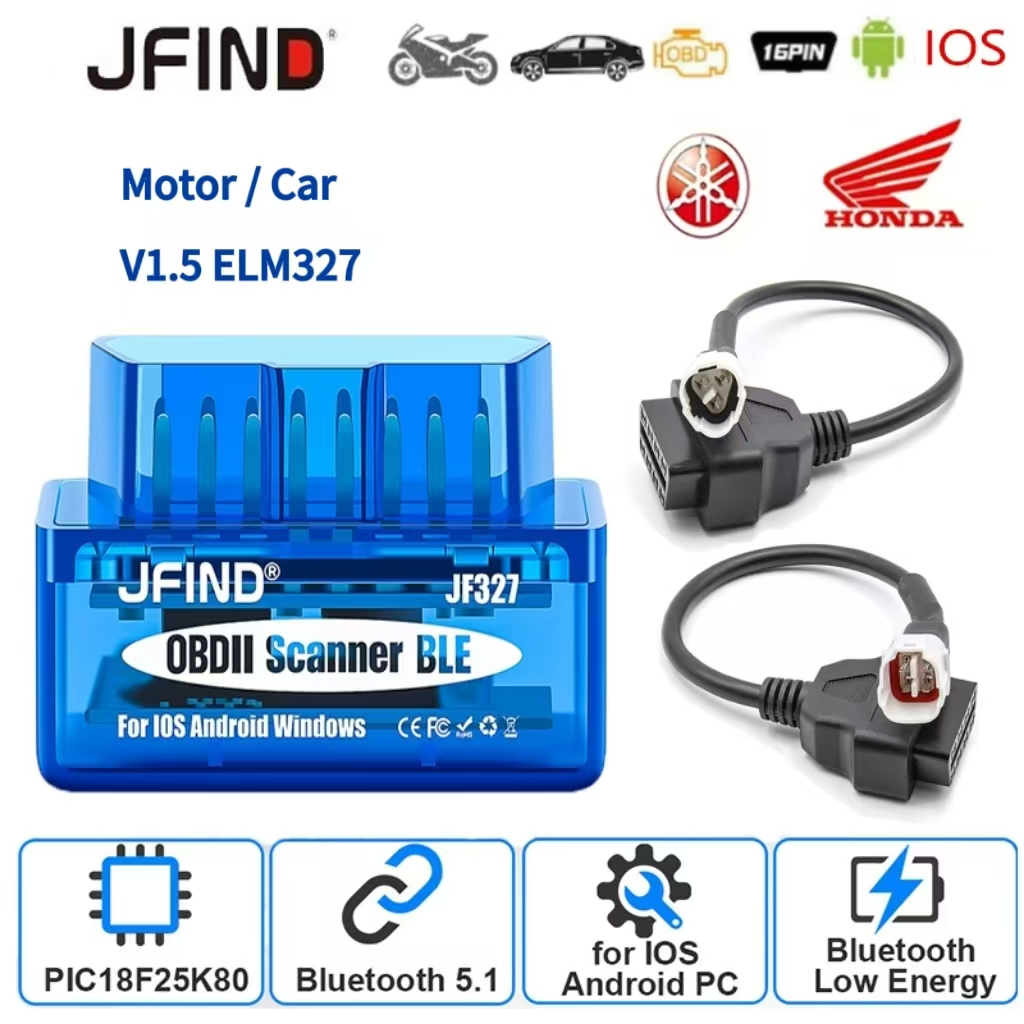 Jfind JF327 ELM327 รถรถจักรยานยนต์ Clear Fault รหัสสําหรับ Honda Yamaha 3-Pin 4-Pin to 16 Pin OBD2 มอเตอร์อะแดปเตอร์สาย Bluetooth 5.1 สําหรับ Android / iOS เครื่องสแกนเนอร์เครื่องมือ