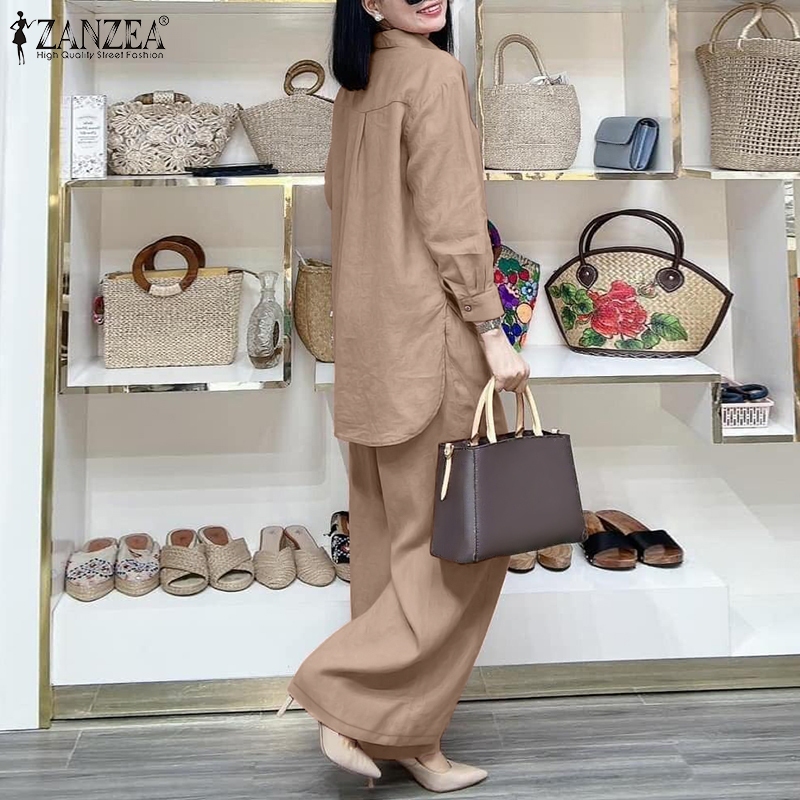 ZANZEA ซานเซีย ผู้หญิงเกาหลีจีบเสื้อแขนยาว + กระเป๋ากางเกงขากว้างชุด — صورة 4