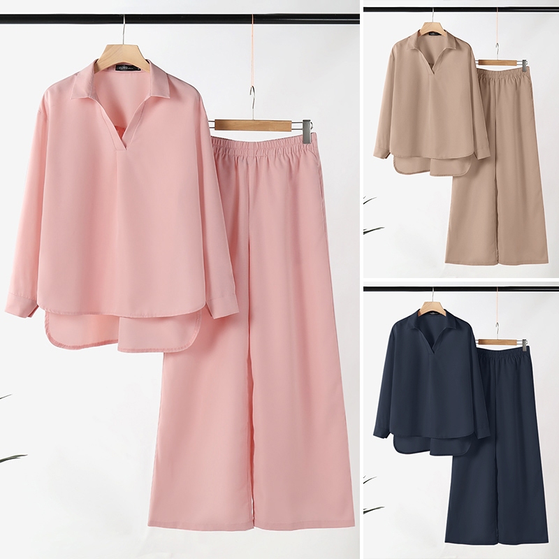 ZANZEA ซานเซีย ผู้หญิงเกาหลีจีบเสื้อแขนยาว + กระเป๋ากางเกงขากว้างชุด — صورة 6